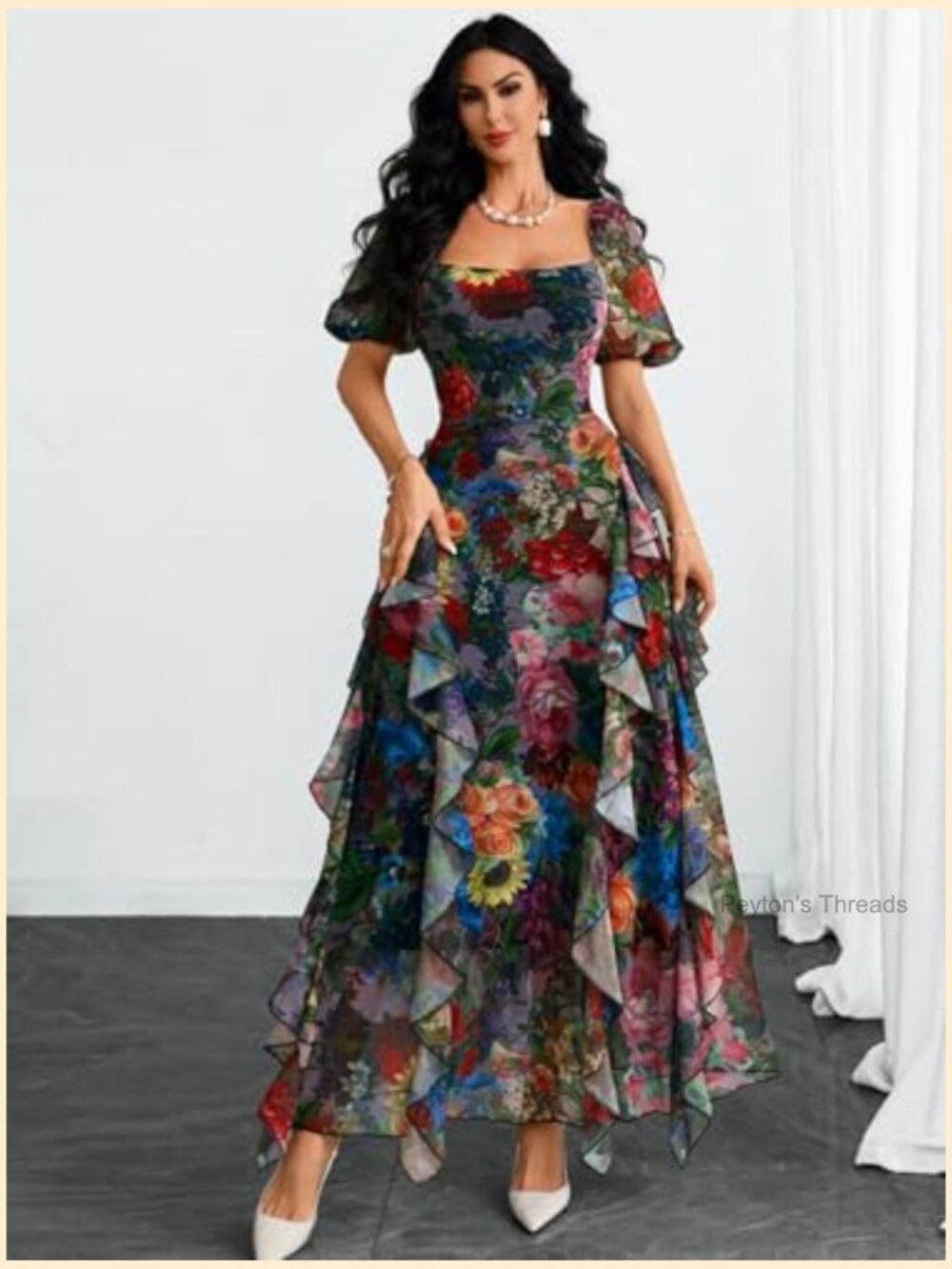 Women Floral Square Neck Puff Sleeve Ruffle Hem Mesh Maxi Dress - Picture 3 of 7